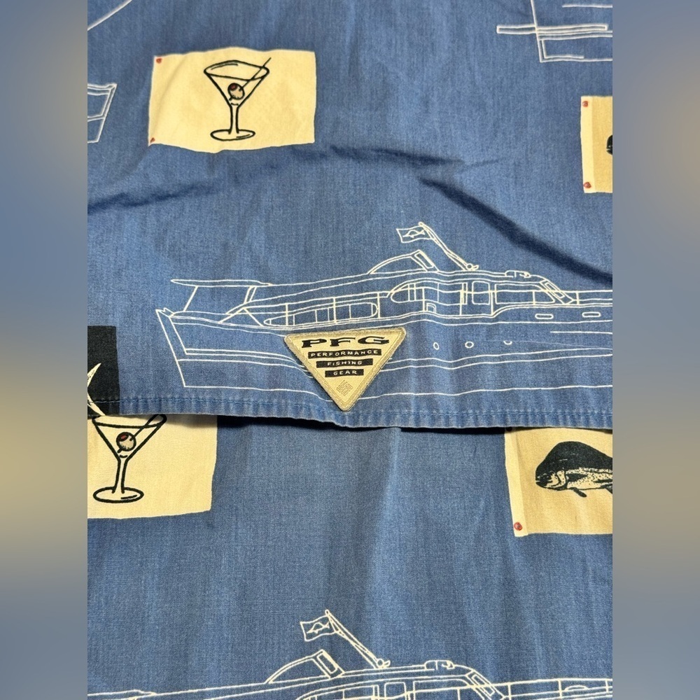 Columbia PFG Mens Large Blue Deep Sea Fishing Graphic Short Sleeve Vented Shirt - Picture 6 of 10